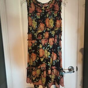 Black Floral Tiered Sundress with Coral & Green Print